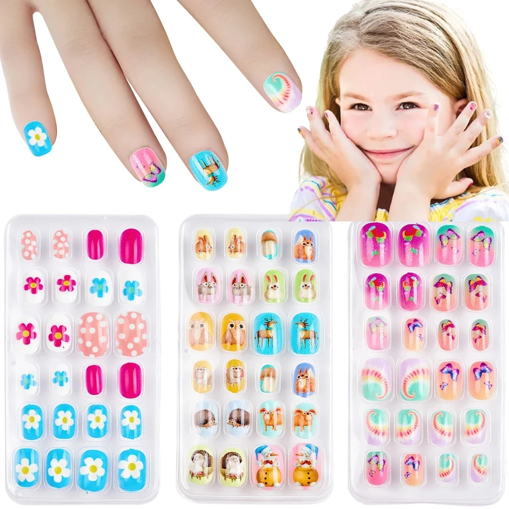 

Children Press on Nails,24 Pcs Fake Nails Tips for Kids Acrylic Nails Pre-glue Full Cover Short False Nails Cute Fingernails