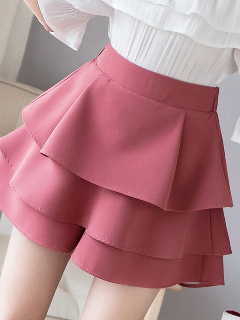 

Шикарные милые женские шорты, юбки Kimutomo, весна 2022, новые милые однотонные шорты трапециевидной формы с оборками и высокой талией на резинке