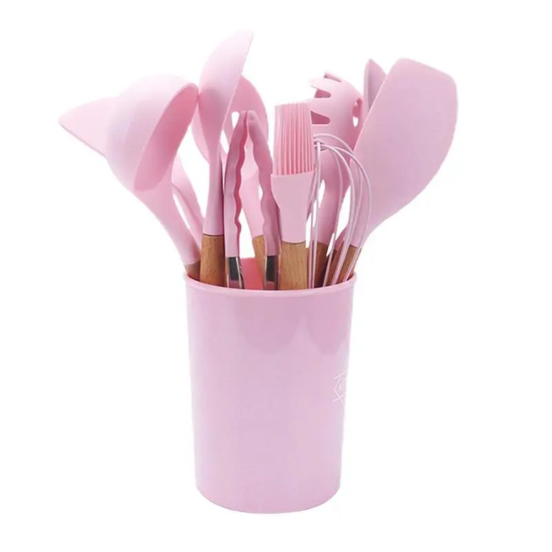 

11PCS Silicone Cooking Set Utensil Soup Spoon Brush Ladle Pasta Wooden Handle Spatula Colander Non-stick Kitchen Utensils