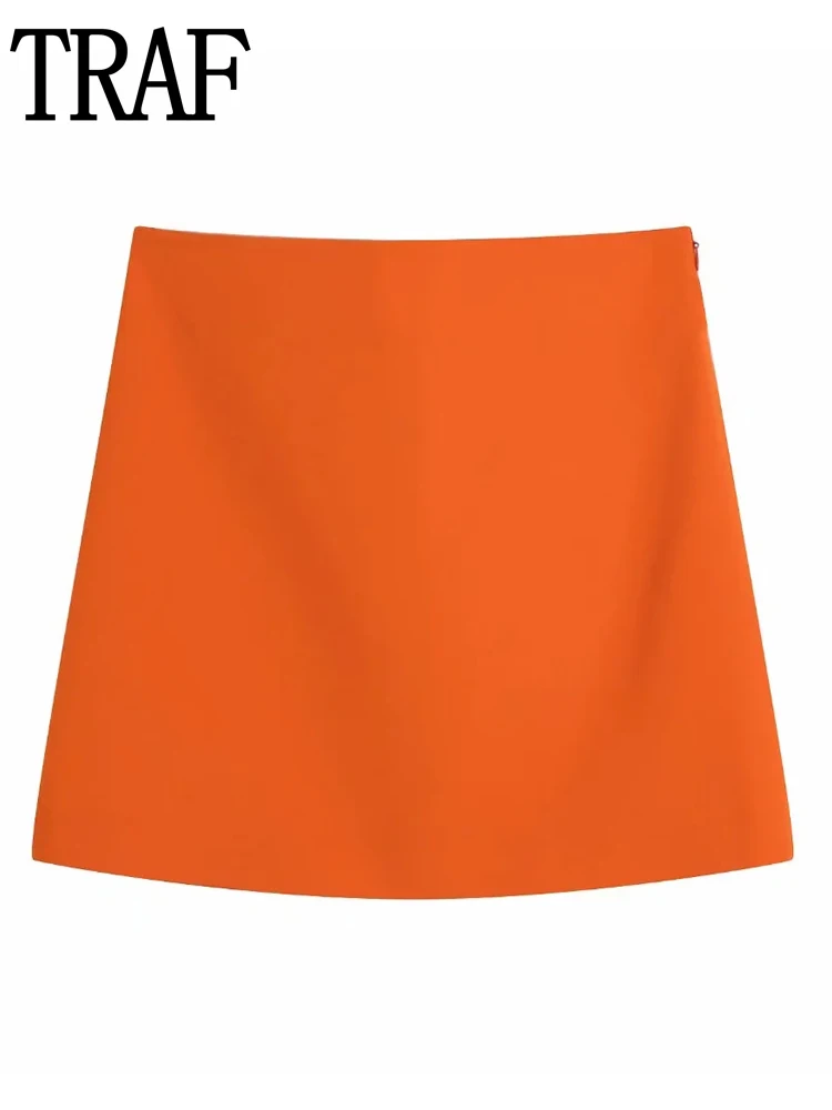

TRAF Women Short Skirts Suits 2022 Orange High Waist Skirt Woman Summer Casual Streetwear Print Blouse Set Woman 2 Pieces Skirt