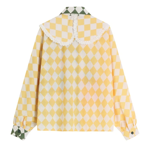 Spring Women's Blouse Checkerboard Printing Chic Design Long Sleeves Casual Tops Fashion Vintage Doll Collar Button Baggy Shirts