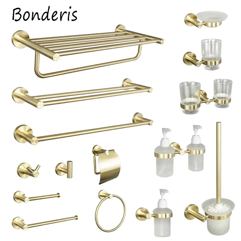 

NEW2023 Brushed Gold Bathroom Accessories Toilet Brush Holder Paper Holder Towel Ring Bar Shelf Clothes Hook Soap Dispenser Cup