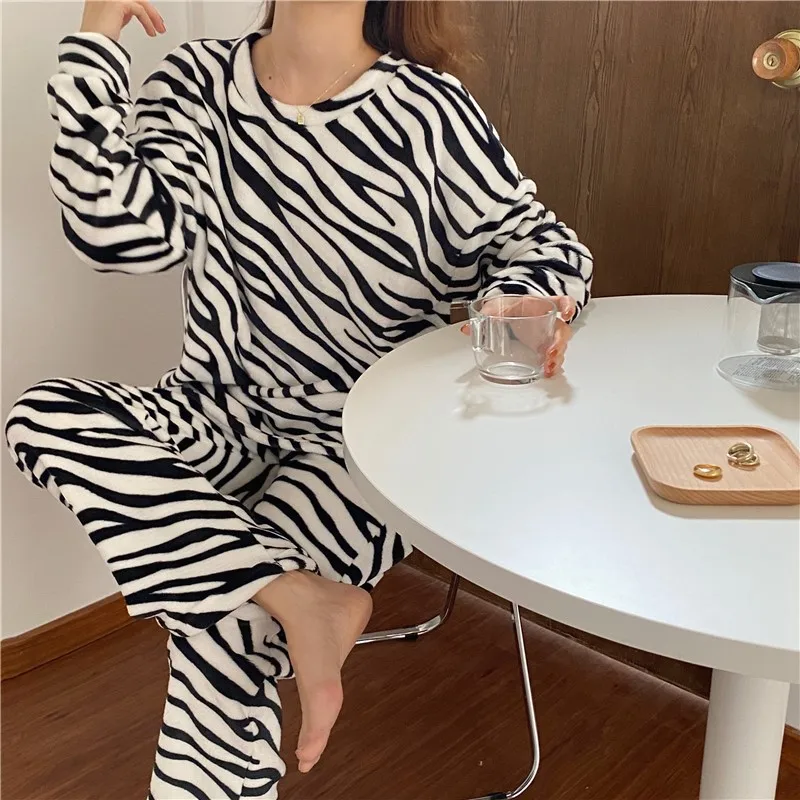 Winter Warm Thick Coral Fleece Pajamas Women Fashion Zebra Pattern Home Clothes Sets