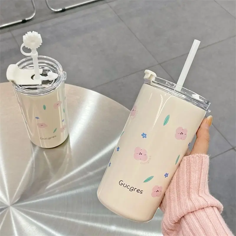 

Cute Flower Stainless Steel Thermos Bottle 480ML Home Office Thermal Insulation Water Milk Tea Cup Portable Outdoor Straw Cup