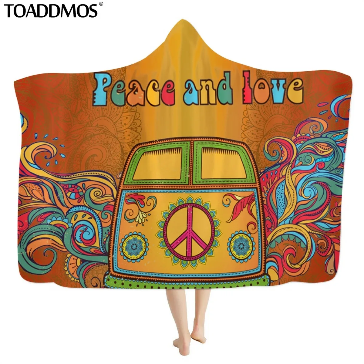 

TOADDMOS Hooded Blankets Peace and Love 3D Print Dirty resistant Indoor/Outdoor Soft Keep Warm Wool Fleece Wearable Blanket Mens