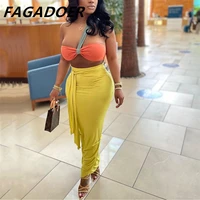fagadoer ruched midi bandage skirt one shoulder crop top two piece set summer sexy streetwear women bodycon holiday club outfits
