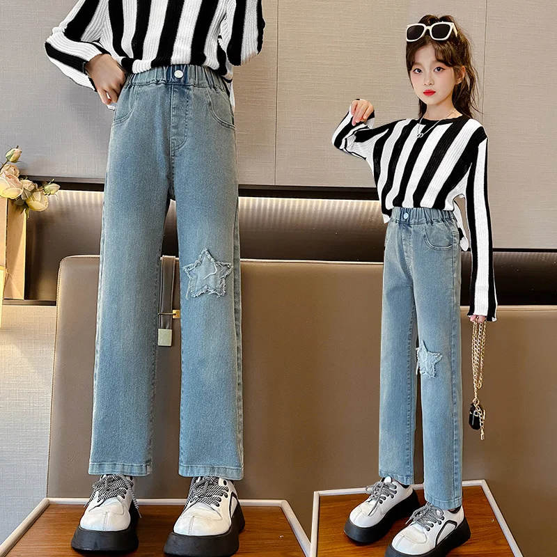 

Teens Girls Jeans Spring Fall Paste Pentagram Straight Denim Pants for Kids Fashion Casual Children Trousers Elastic Waist 4-15Y