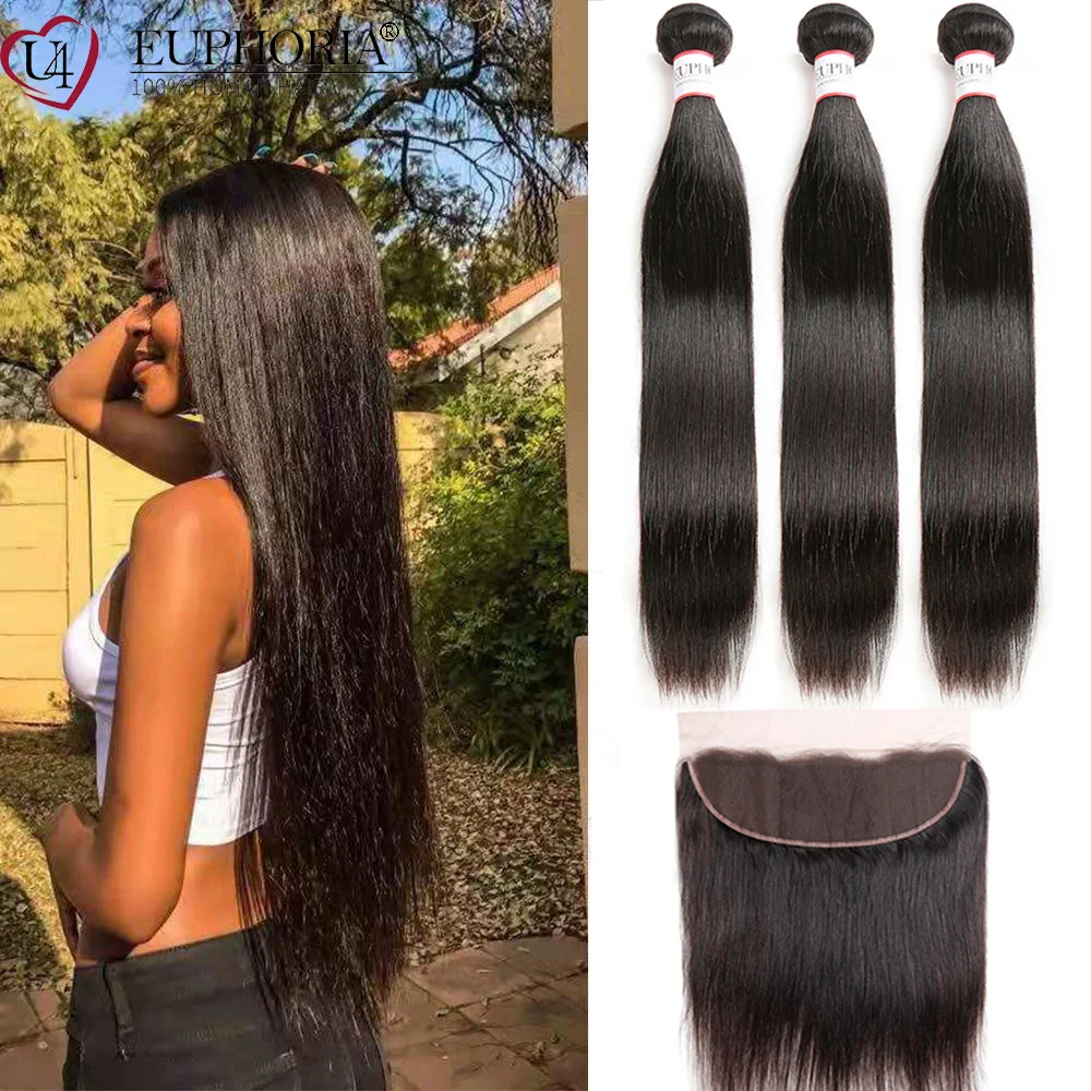 

Brazilian Human Hair Straight 3 Bundles With Closure Natural Color Bundles With 13x4 Swiss Lace Frontal Extension Euphoria