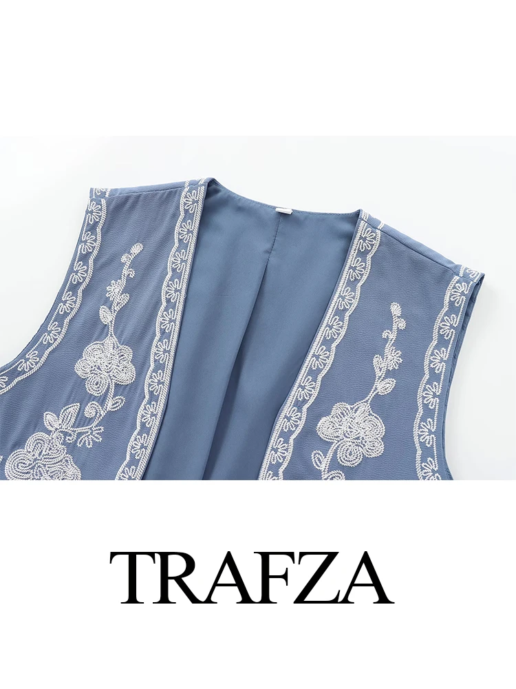 Винтажный женский жилет с вышивкой TRAFZA 2024 повседневная майка короткими рукавами