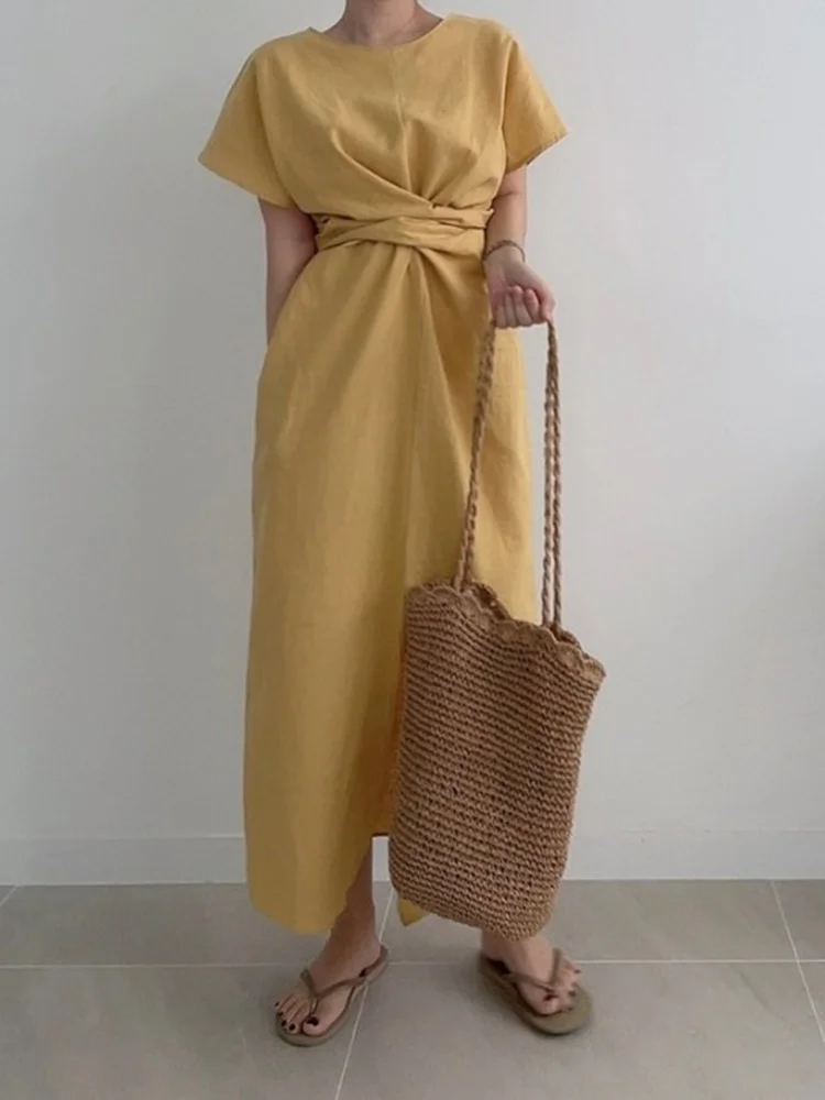 

Желтое женское платье с круглым вырезом и коротким рукавом, приталенное платье большого размера с высокой талией и поясом, женская одежда н...