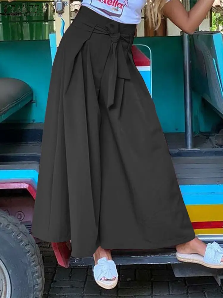 

Women's Baggy Wide Leg Pants 2022 Summer Elegant Maxi Trousers Casual Holiday Oversized Palazzo ZANZEA Chic Solid Belt Pantalon