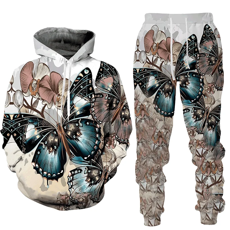 Ladies Fashion Sportswear 3d Butterfly Print Hoodie Sweatpants Two Piece Set Women Sweater Pullover + Pants Set Casual Women