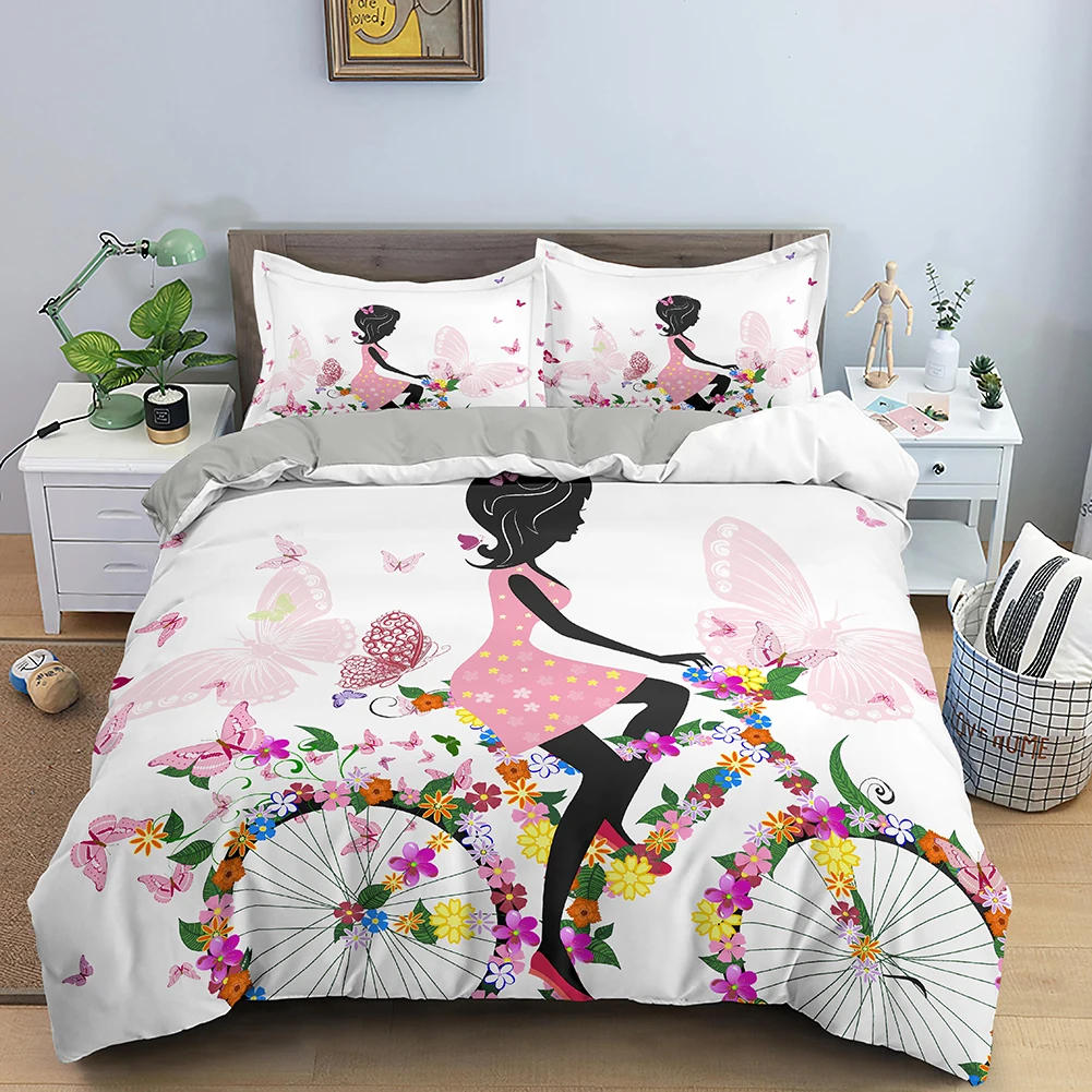 

3D Print Duvet Cover Girls on Bicycle Bedding Set Double King Single Quilt Cover With Zipper Closure King Size Comforter Cover