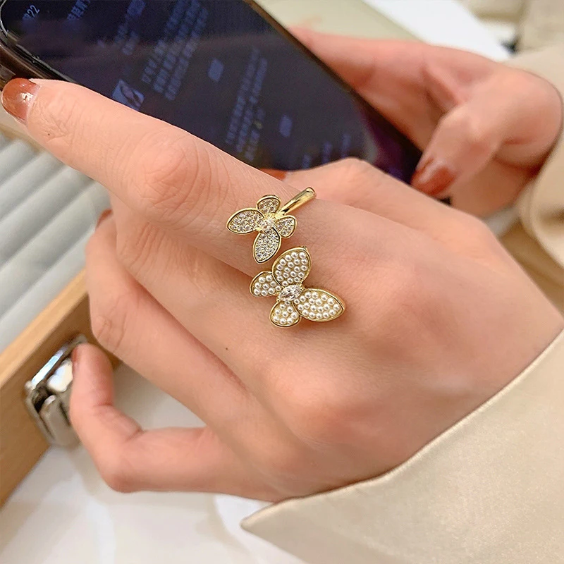 

Butterfly Rings for Women 2022 New Trend Gold Color Vintage Elegant Temperament Zircon Pearl Rings Adjustable Party Jewelry