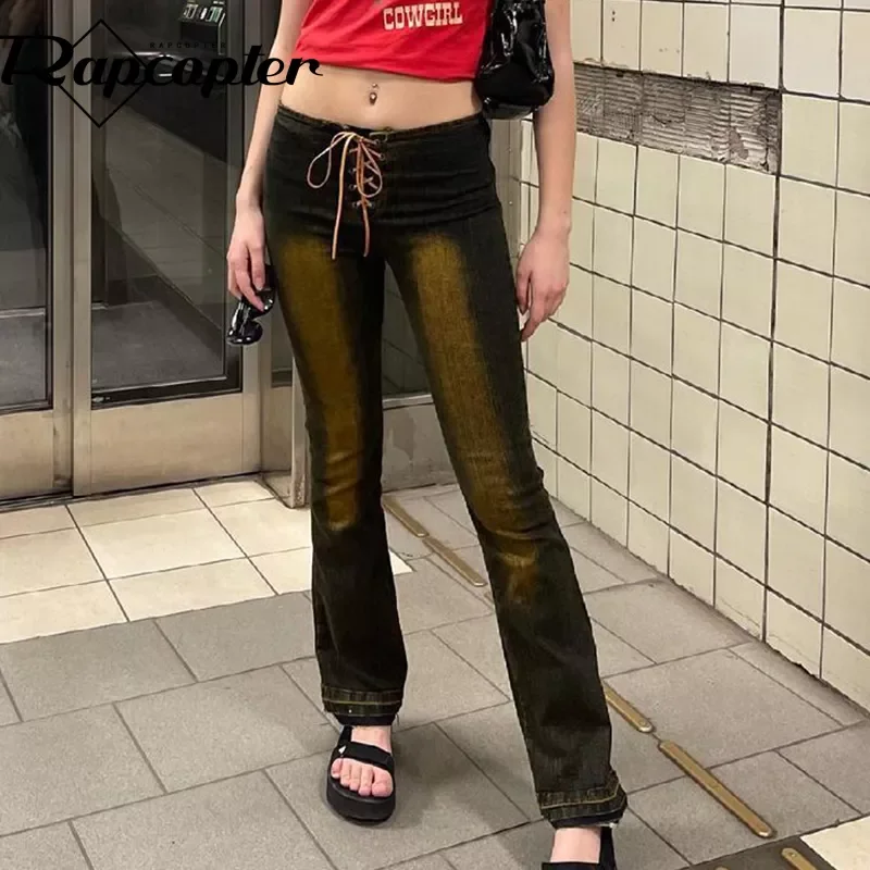 

New2022 y2k Tie Dye Flare Jeans Retro Lace Up Streetwear Low Waisted Pants Women 90s Aesthetic Distressed Hot Jeans Korean New