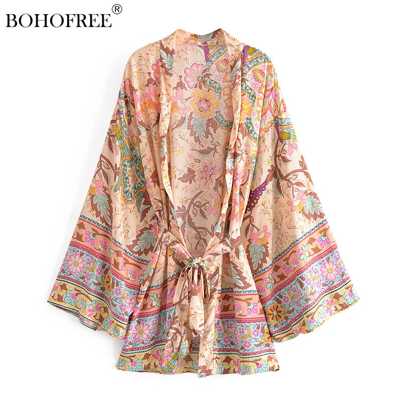 

Rayon Cotton Floral Print Robes Casual Summer Beach Bikini Blusas Women Bohemian Cover Up kimonos Ethnic Style Sashes Tops