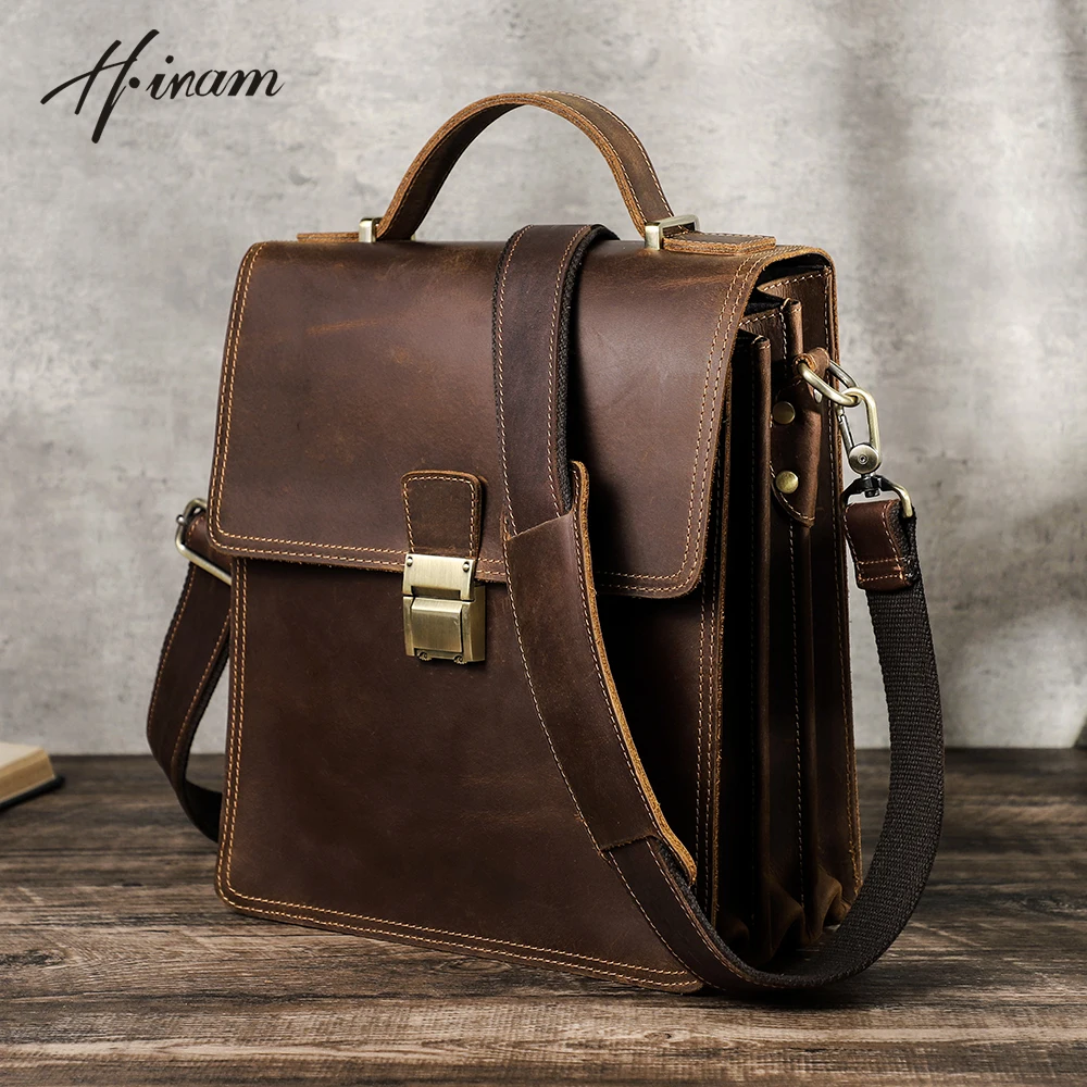 Vintage Genuine Leather Men Bags Shoulder Crossbody Luxury designer Handbag Messenger Tote Cross body Bag 11" Tablet Tote bag