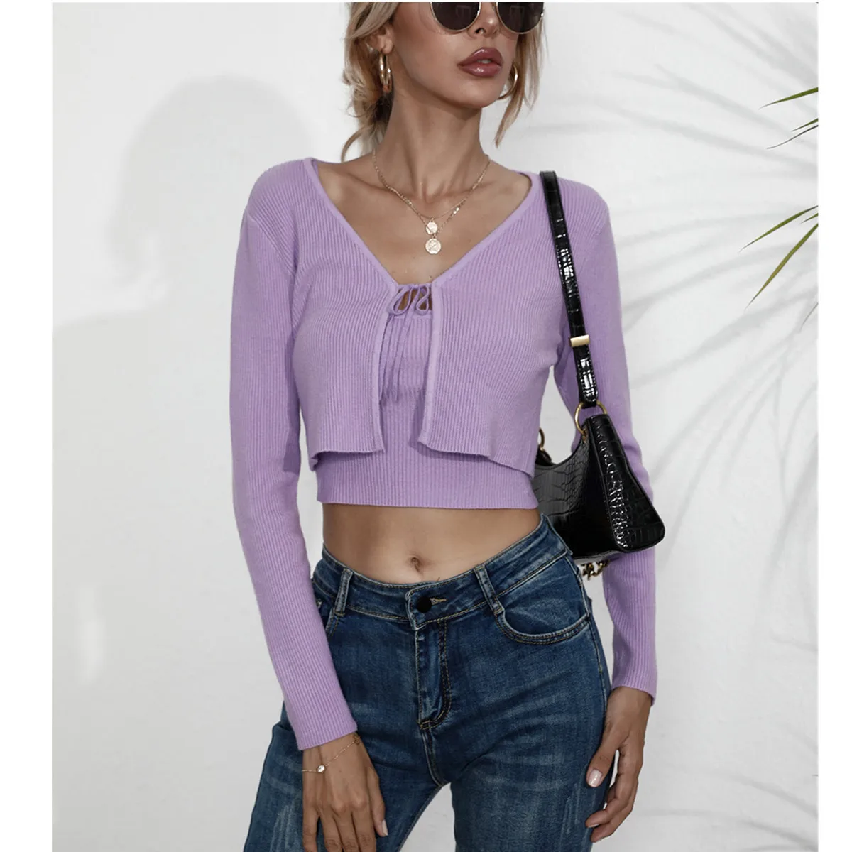 

2022 Autumn Women's Umbilical Sling Shirt Coat Cardigan Sweater Two Piece Set