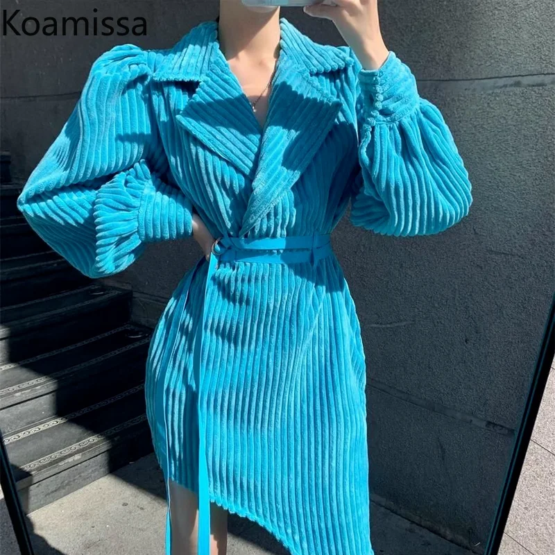 Koamissa 2022 Spring Autumn Long Sleeve Corduroy Dress for Women Belted Notched Blazer Dress Elegant Fashion Solid Midi Vestidos