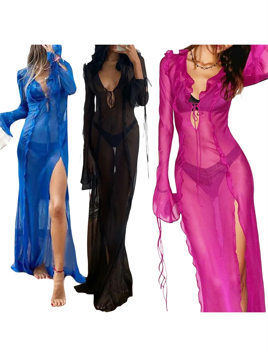 Прозрачное Сетчатое пляжное длинное платье с оборками и V-образным вырезом на