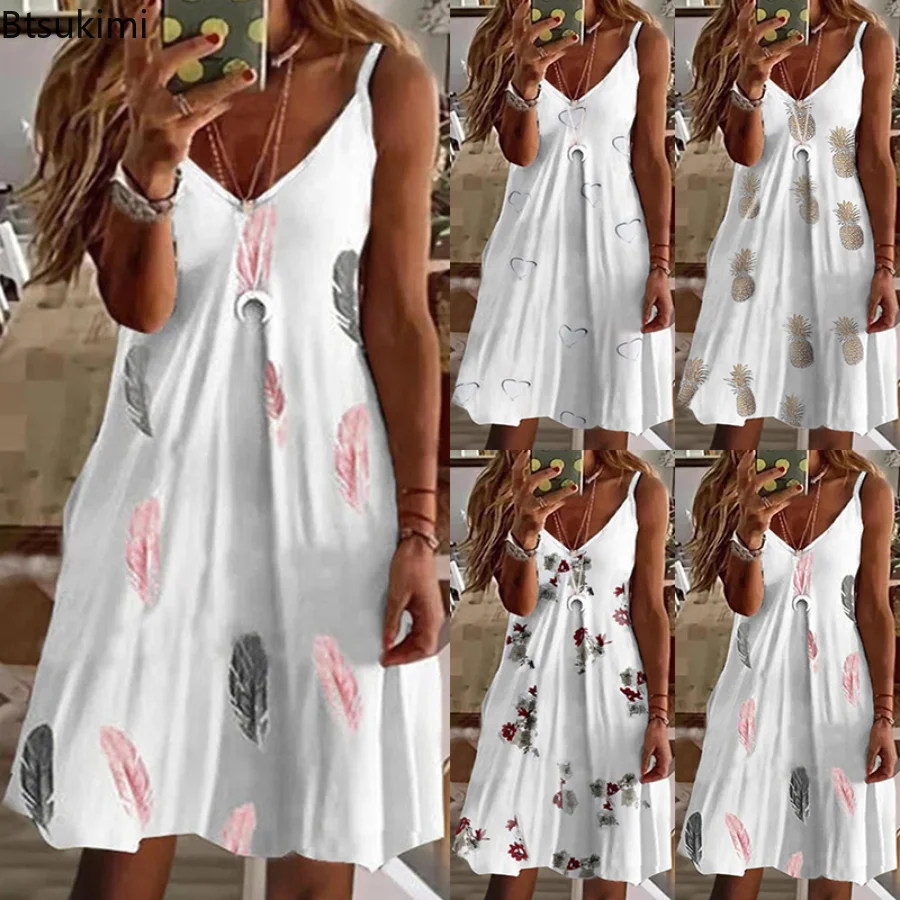 

Plus Size 4XL 5XL Women's Summer Casual Dress V Neck Sleeveless Printed Strap Dress Female Loose Party Vestidos Oversized Dress