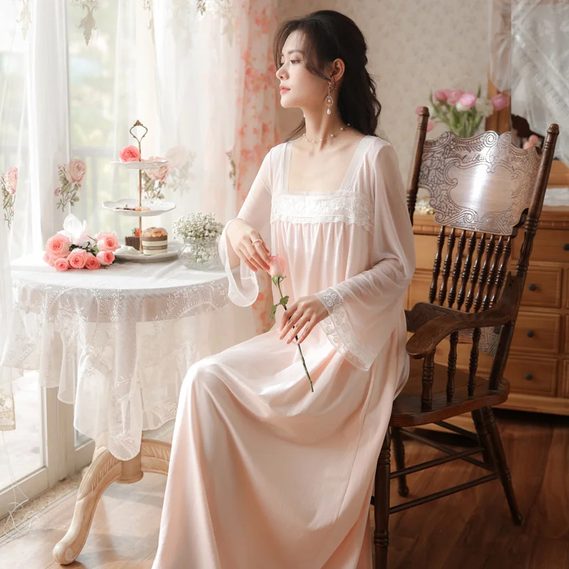 

Long Sleeved Cotton Nightdress Female Spring Palace Princess Sexy Lace Square Neck Pajamas Wear Home Clothes Outside Autumn
