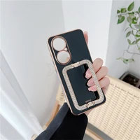 diamond metal holder square plating silicone phone case for samsung s22 ultra s21 plus s20 fe s10 note 20 a53 a73 a23 a13 cover