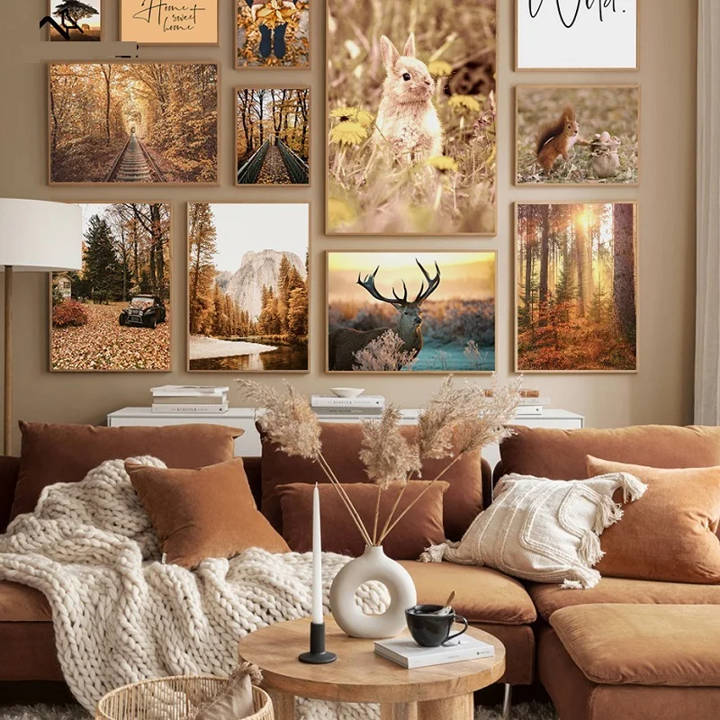 

Modern Forest Animals Canvas Painting Deer Rabbit Lake Mountain Poster Landscape Iron Leaves Picture Home Living Room Decoration