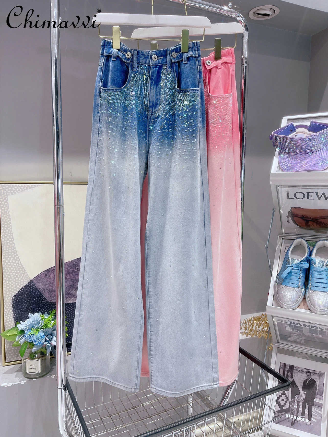 

Rhinestone 2022 Summer New women's fashion Gradient Color long jeans ladies simple elegant Streetwear High waist Mop denim Pants