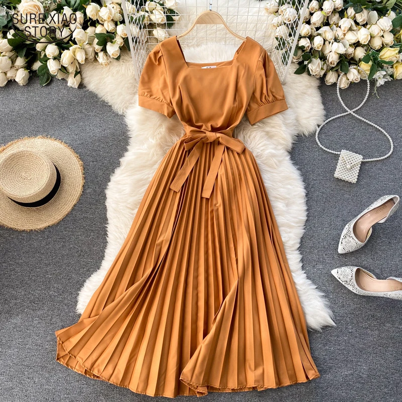 

French Square Neck Short Sleeve Pleated Dress 2022 Temperament Solid Office Lady Dress Casual Sashes Business Formal Dress 20856