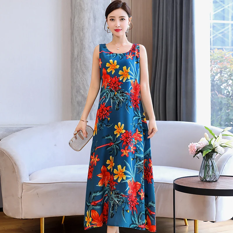 

Summer Floral Dresses For Women New Casual O-Neck Sleeveless Print Loose A-line Midi Dress 20 Colors Elegant Boho Beach Sundress