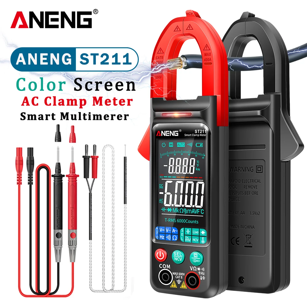 

ANENG ST211 Digital Clamp Meter 6000 Counts DC/AC Voltage Current Tester Multimeter Car Amp Hz Big Color Screen NCV Ohm Test