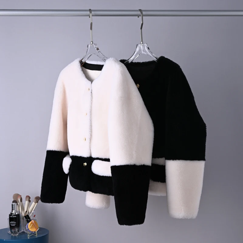 2023 Women Winter New Contrast Color Short Jackets Female Sheep Shearing Outerwear Ladies Round Neck Real Lamb Fur Coats R361