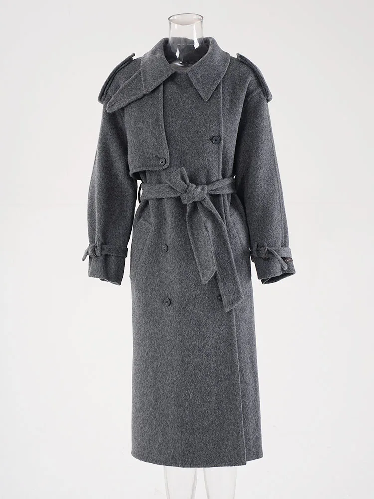 LGRQ модное женское шерстяное пальто цвета хаки с лацканами свободное двубортное