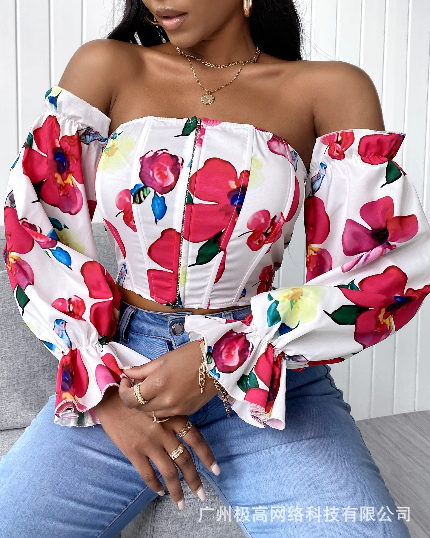 

Floral Printing Top Women 2022 New Summer Long Sleeve Sexy One Line Collar Strapless White Tops