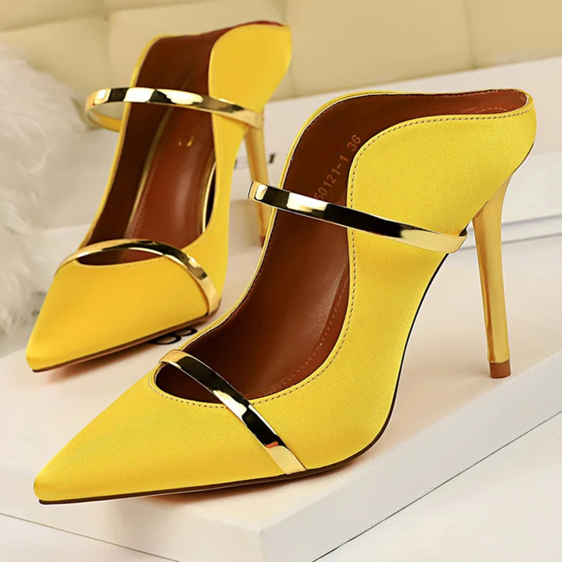 2023 Summer Women 10cm High Heels Sandals Lady Satin Silk Mules Yellow Sandles Sequins Pumps Nightclub Bigtree Burgundy Shoes
