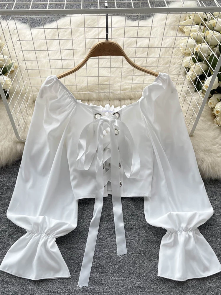 

YuooMuoo Instagram модные бандажные белые черные готические Топы женские с рукавами-фонариками Y2K короткая блузка Рубашки