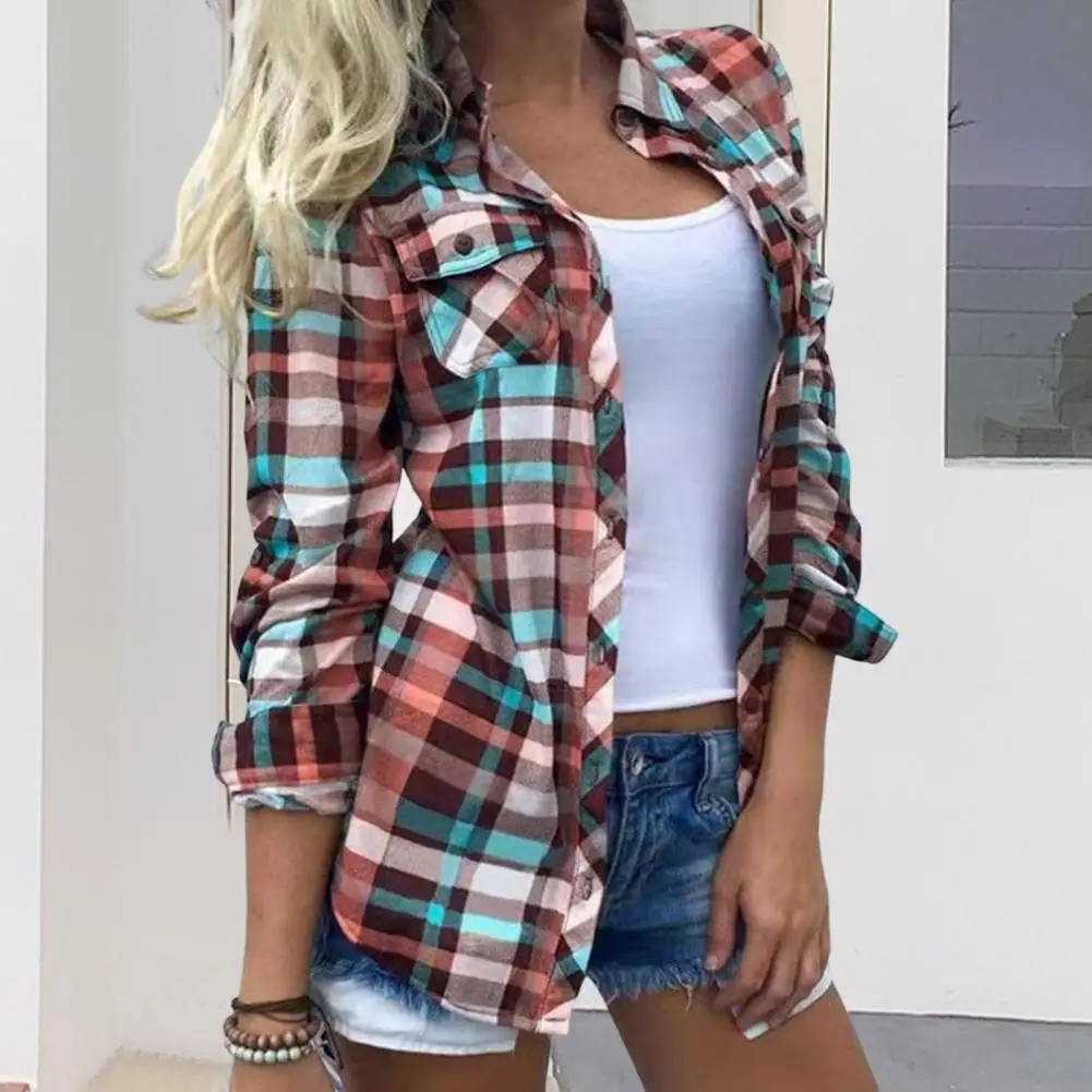 

Plaid Printed Lapel Neck Ladies Shirt Autumn Women Long Sleeve Shirt Vintage Long Sleeves Lady Shirt Turn-down Collar Women Top