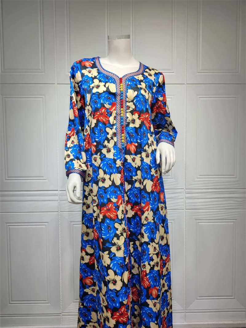 2022 Abaya New Moroccan Dress Women Kaftan Flower Print Long Sleeve Maxi Dresses Tape Trim V-Neck Casual Party Robe