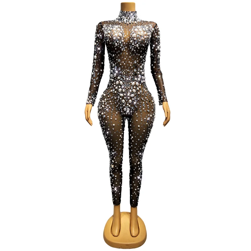 

Sexy Transparent Jumpsuit Big Pearls Crystals Stones Evening Birthday Celebrate Bodysuit Outfit Dancer Rompers