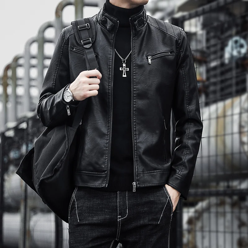 

casual slim 2022 Mens Pu Leather Jackets Casual Fashion Slim Windbreak Leather Coat Outwear Plus Size business Clothing 3XL 4XL