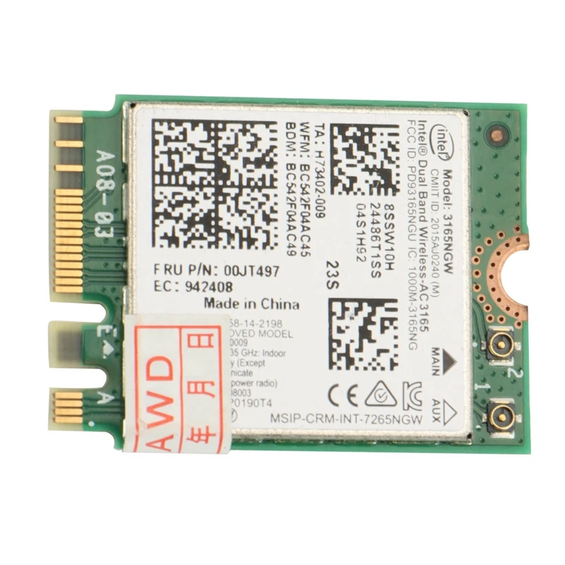 

Dual Band 2.4G/5Ghz 433Mbps Wifi Card NGFF 802.11Ac Wifi 3165NGW M.2 WLAN Card For Bluetooth 4.0 Network Adapter