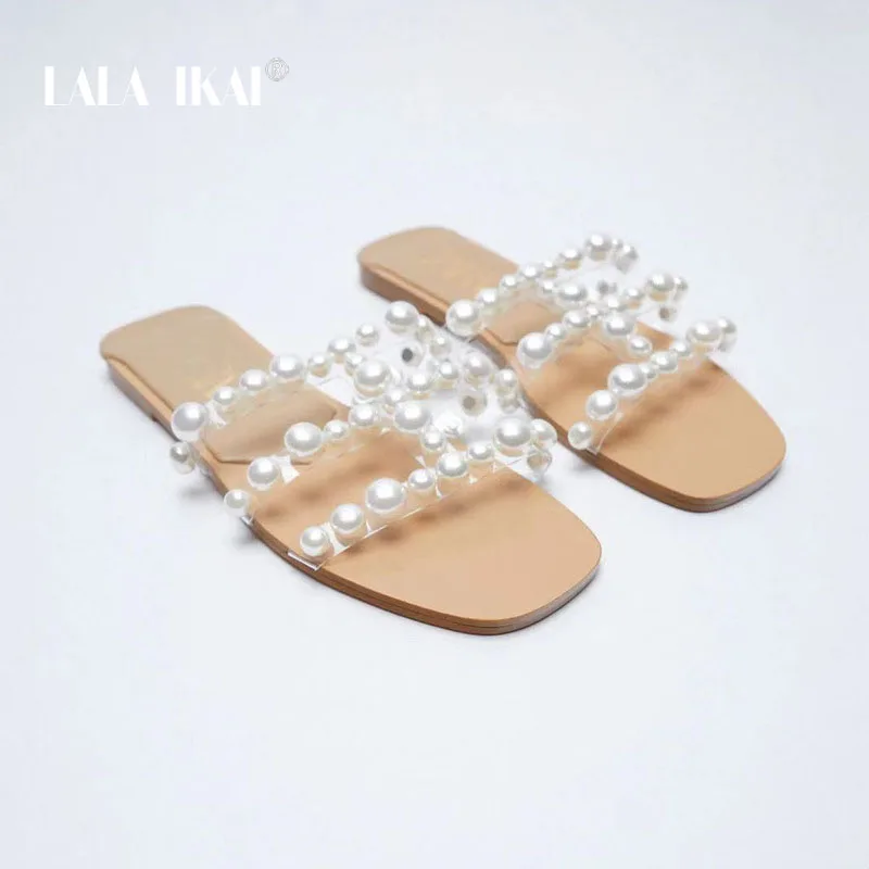 

LALA IKAI 2021ZA Summer Cool Outside Designer Shoes Nude PVC Pearl Slipper Women Fairy Flat Sandals Female