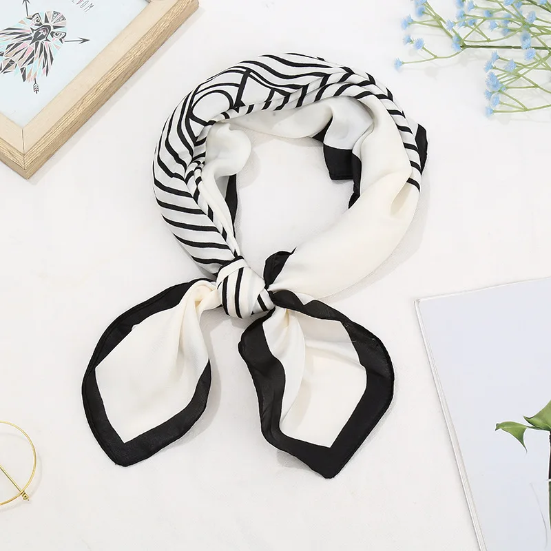 

White and black combination, 70*70 strip Silk women small feather scarf