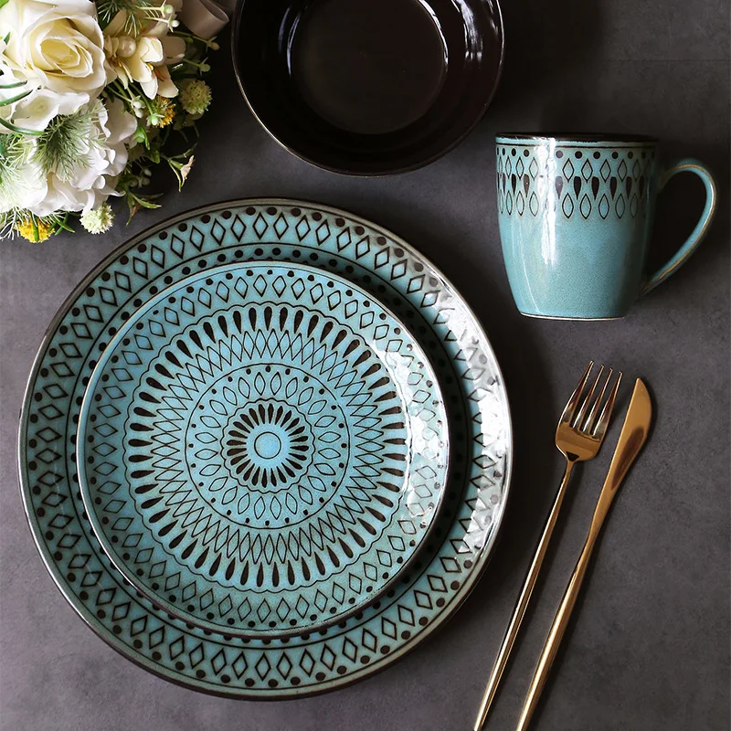 

Painted By Hand Raindrop Stripes Ceramics Tableware Combination Creative European Retro Home Steak Plate Salad Bowl Mark Cup