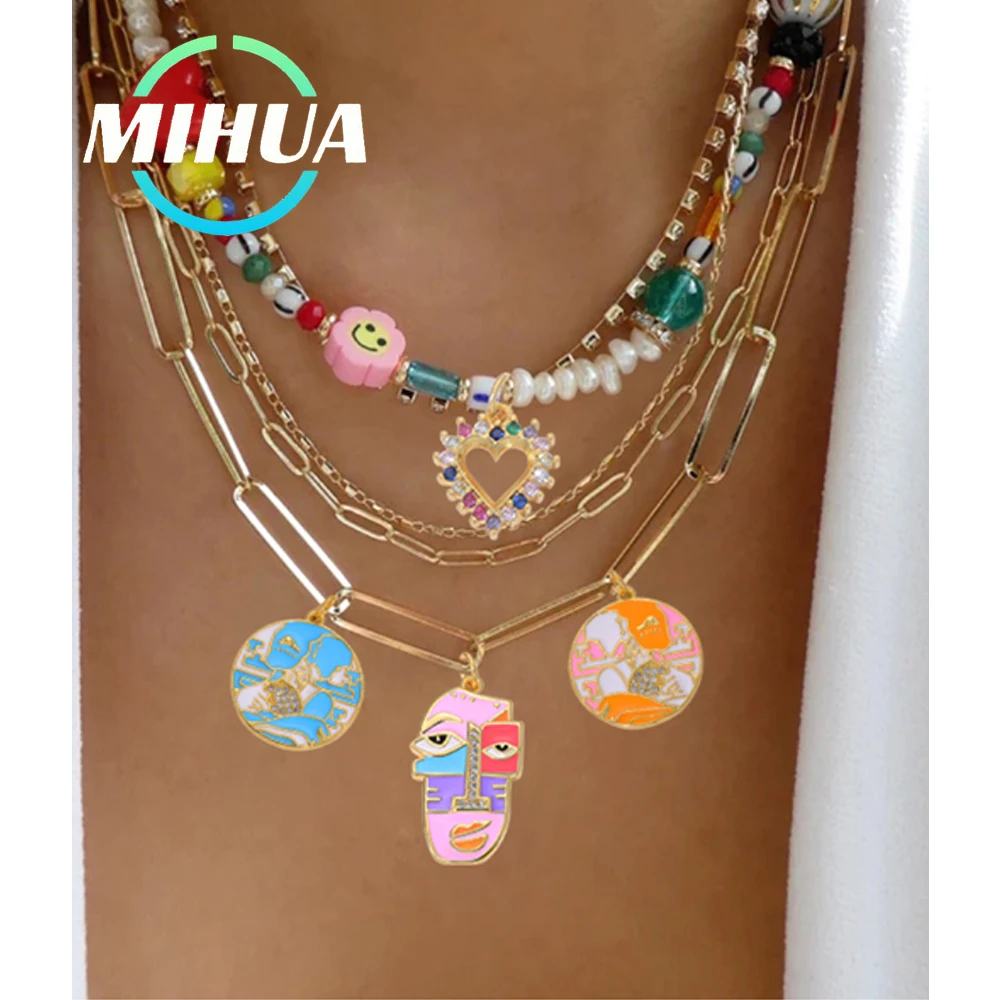 

HUAMI Punk Face Retro Landscape Pendant Enamel Love Zircon Necklace Handmade Metal Copper Fashion Jewelry Gift Accessories 2023