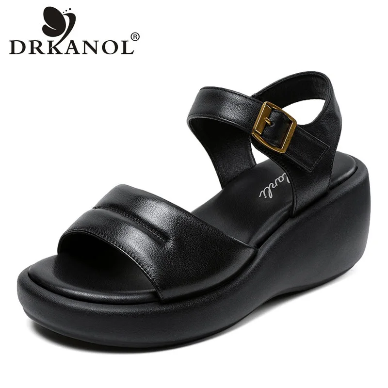 

DRKANOL Women Wedges Sandals 2023 New Concise Open Toe Genuine Leather Hook Loop Platform Casual Sandals Women Summer Shoes