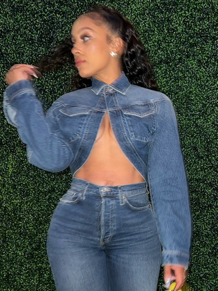 

Женская джинсовая куртка Sifreyr, демисезонная укороченная куртка с карманами и длинным рукавом, Повседневная Уличная одежда Y2K