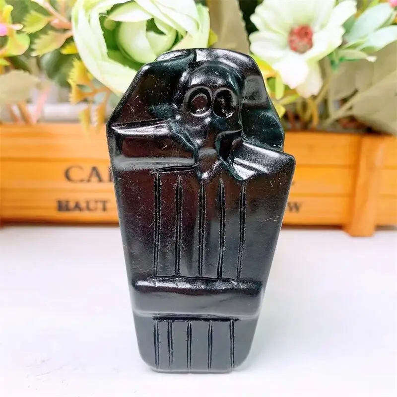 

7.5CM Natural Black Obsidian Crystal Coffin Carved Sculpture Reiki Healing Gemstone Crafts For Halloween Decoration Gift 1pcs