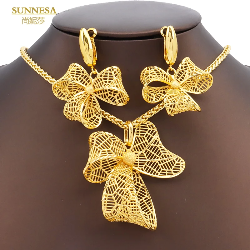 

SUNNESA Big Flower Pendant Necklace We African Jewelry Set Elegant 18k Gold Plated Dubai Drop Earrings Jewellery Accessories